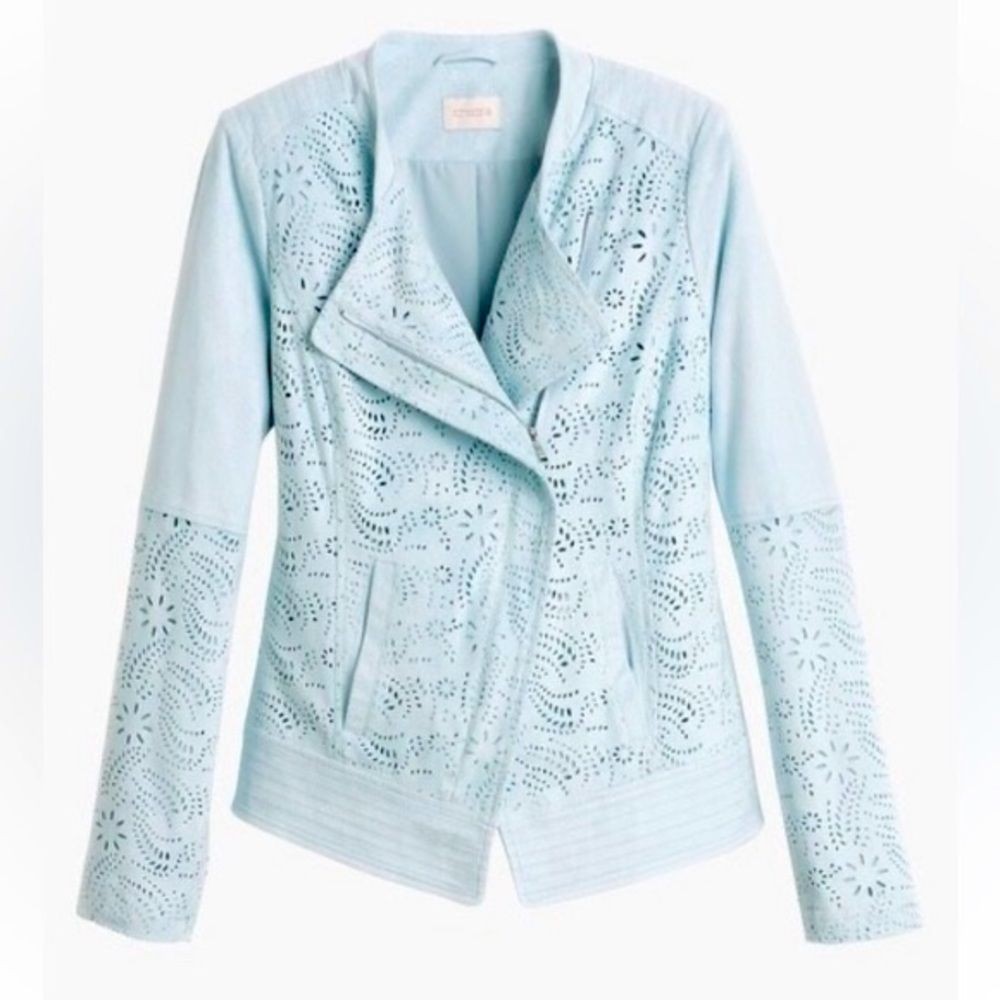 Chicos Bomber Jacket Coat Blue Womens Size 0 Small Moto Zip Faux Suede Spring